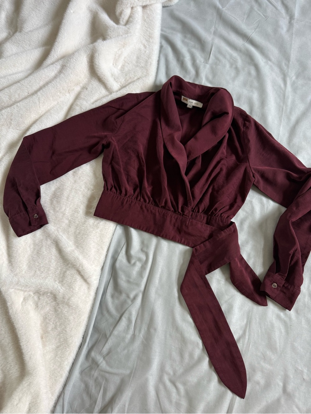 The Good Jane Burgundy Wrap Blouse Shawl Collar Button Cuffs Self-Tie Belt Sz S